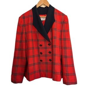 Le Suit red & navy plaid double breasted 80s style blazer